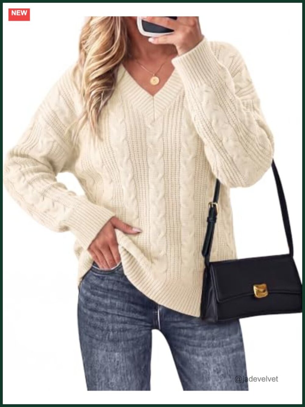 Oversized V Neck Cable Knit Pullover Sweater Long Sleeve Soft